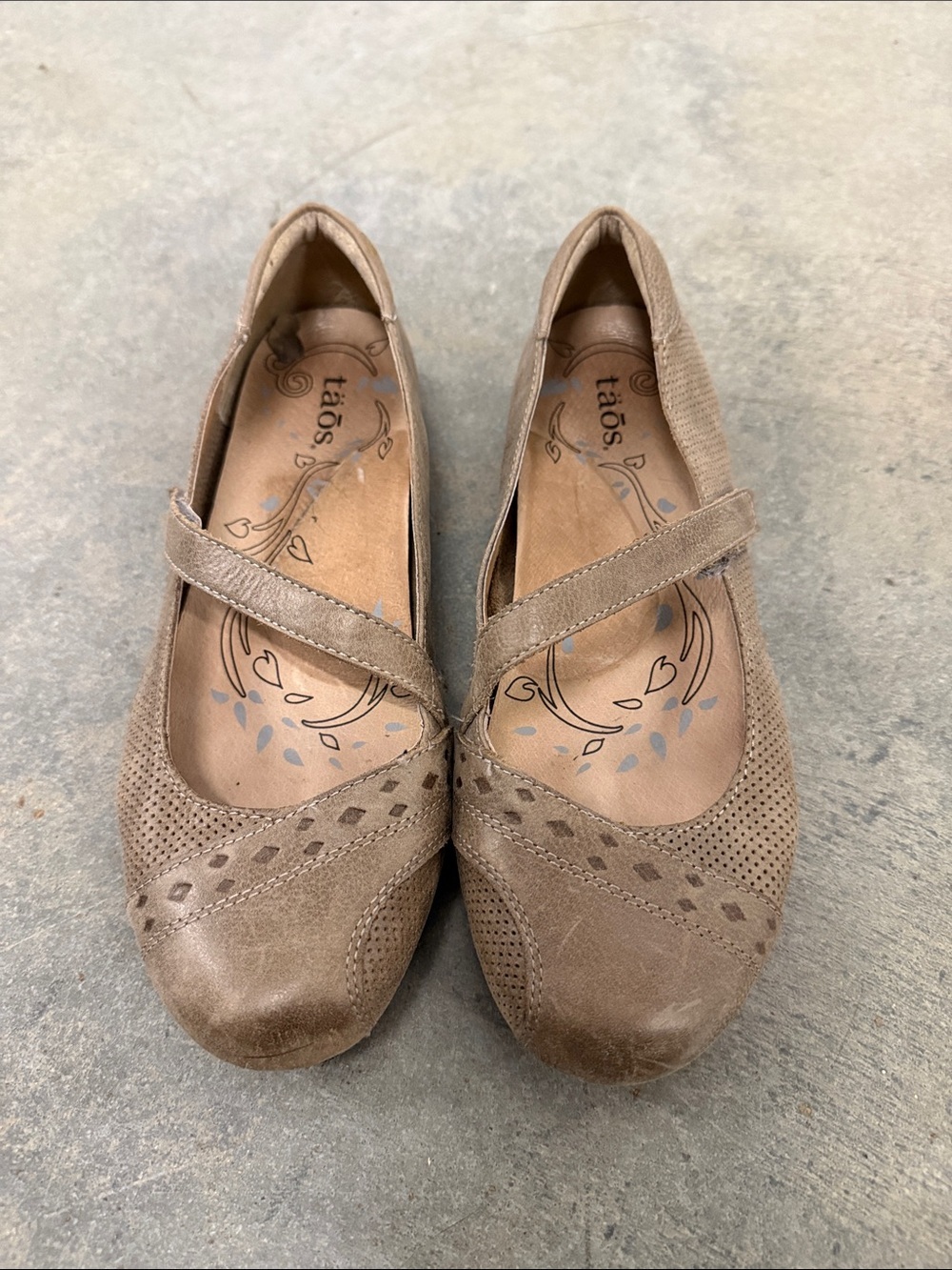 Taos Footwear Taupe Mary Jane Flats with Diamond Perforation